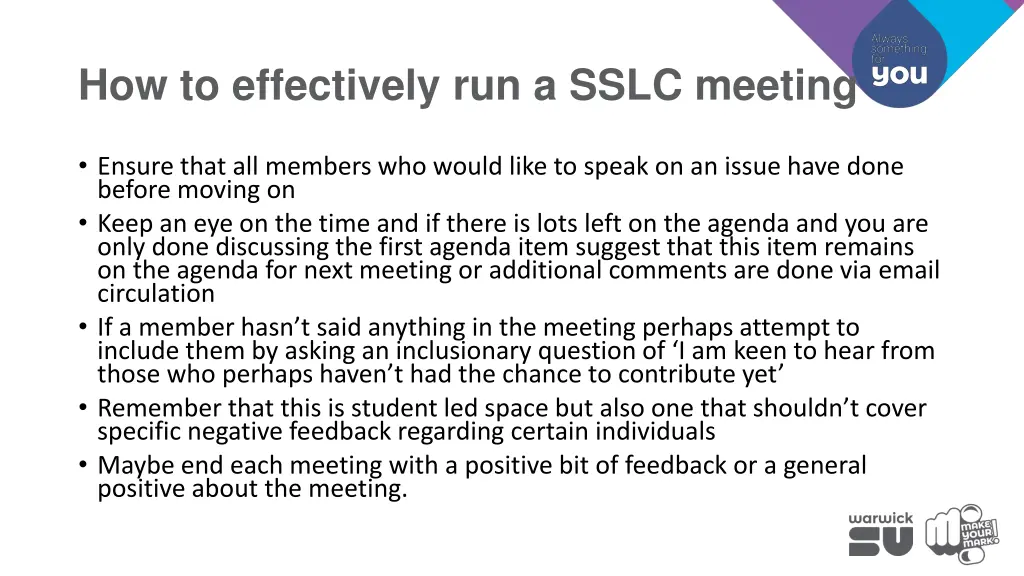 how to effectively run a sslc meeting