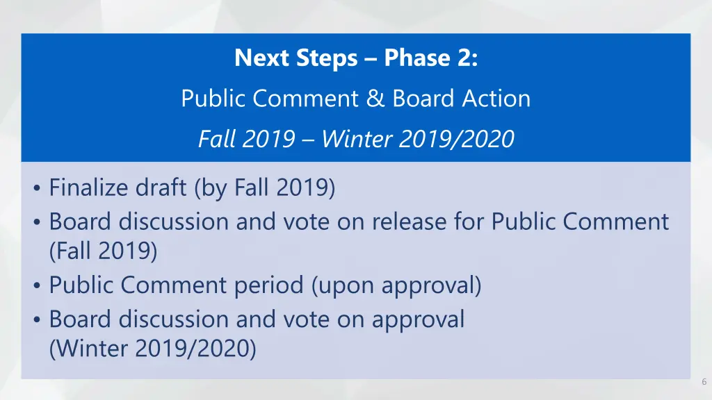 next steps phase 2 public comment board action