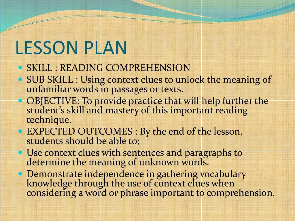 lesson plan skill reading comprehension sub skill