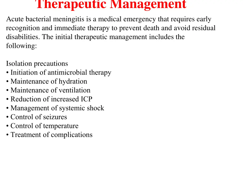 therapeutic management acute bacterial meningitis