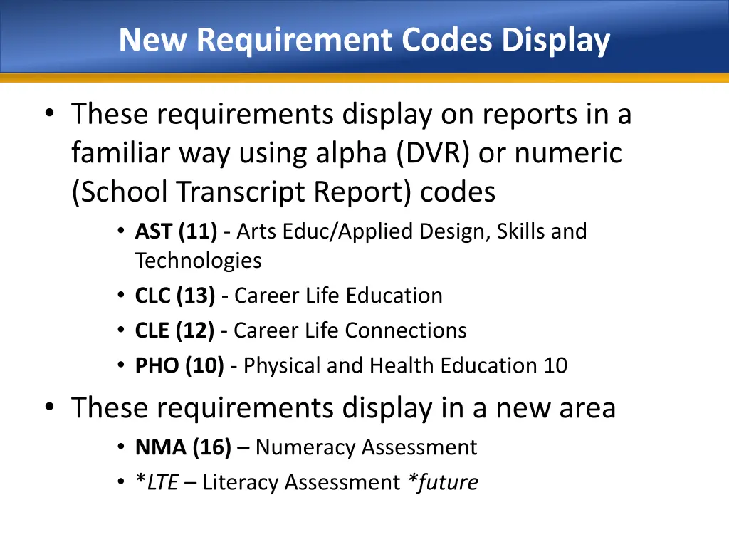 new requirement codes display