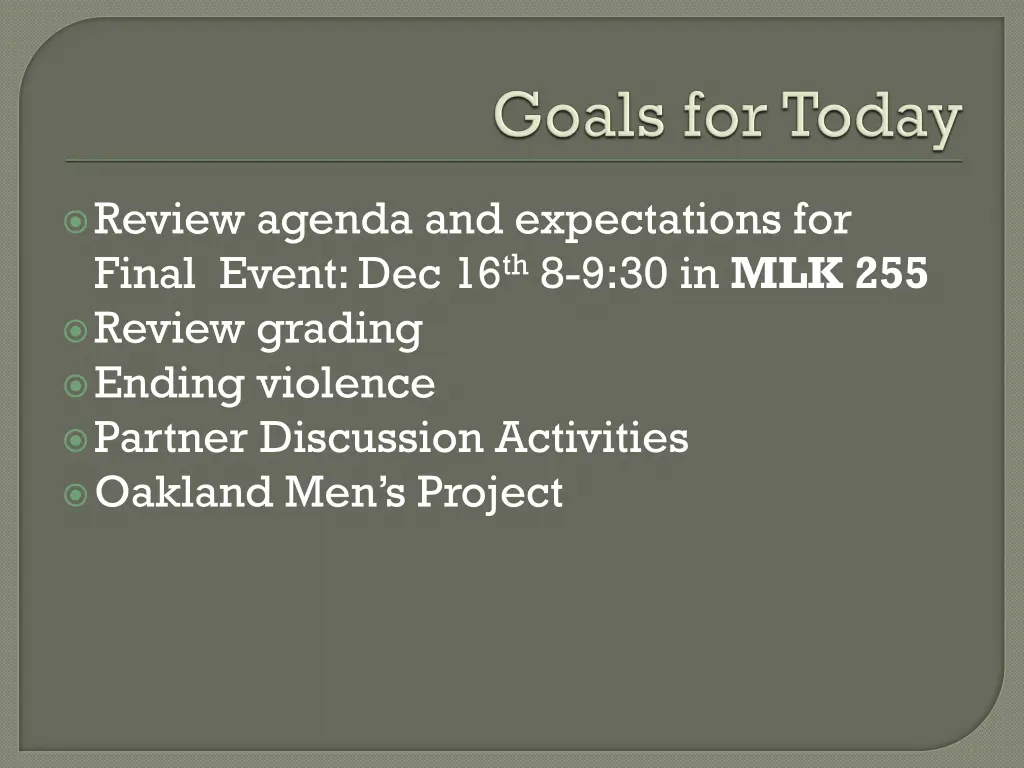 review agenda and expectations for final event