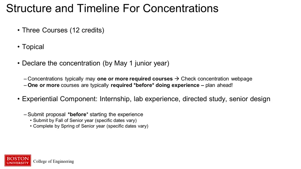 structure and timeline for concentrations