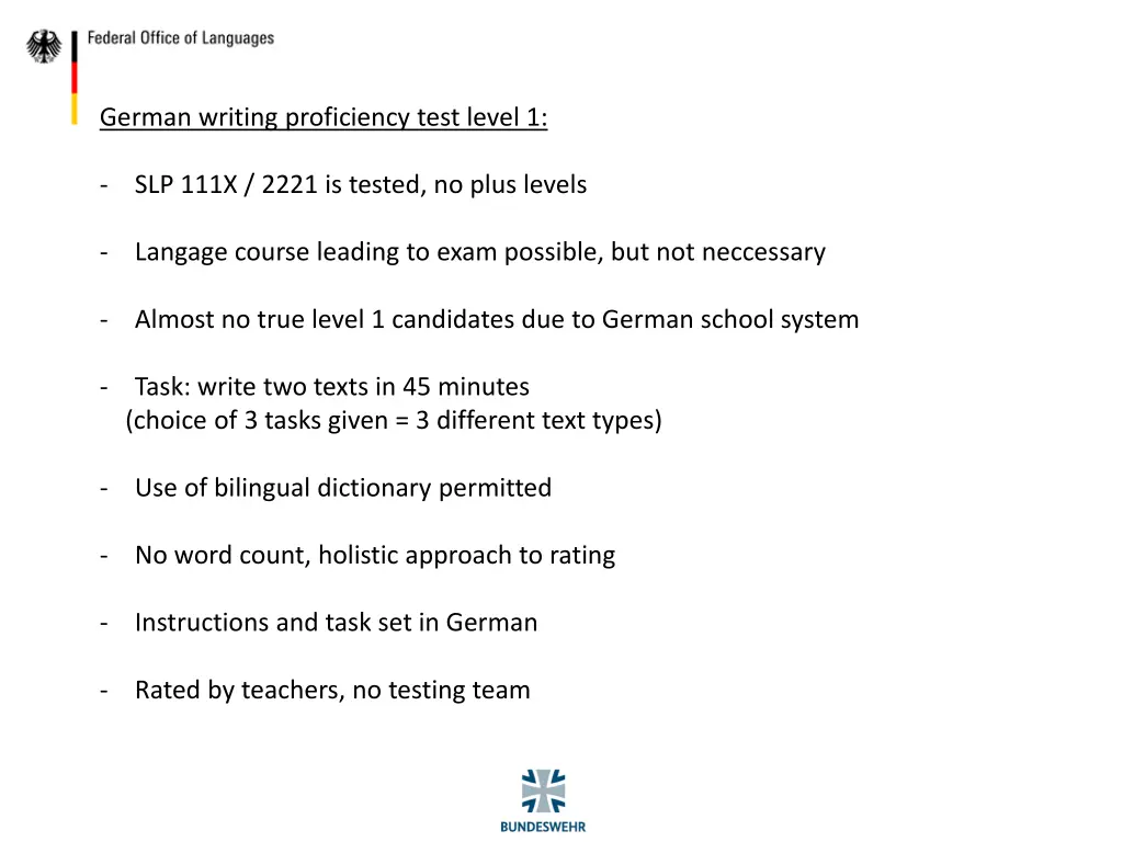 german writing proficiency test level 1