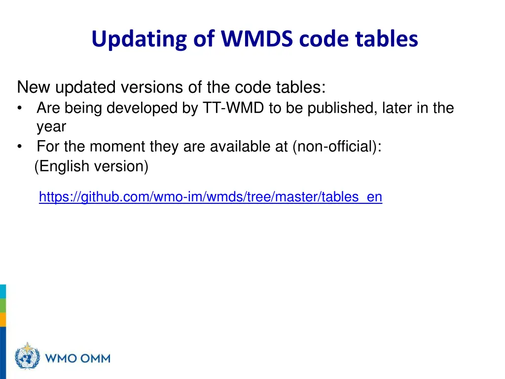 updating of wmds code tables