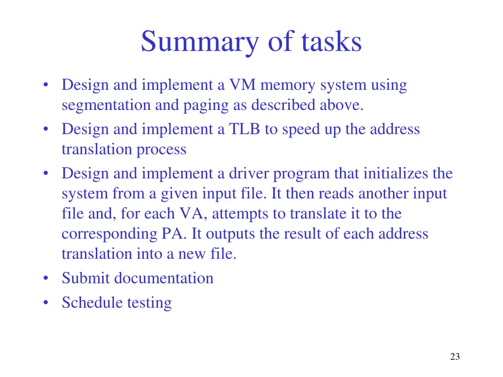 summary of tasks