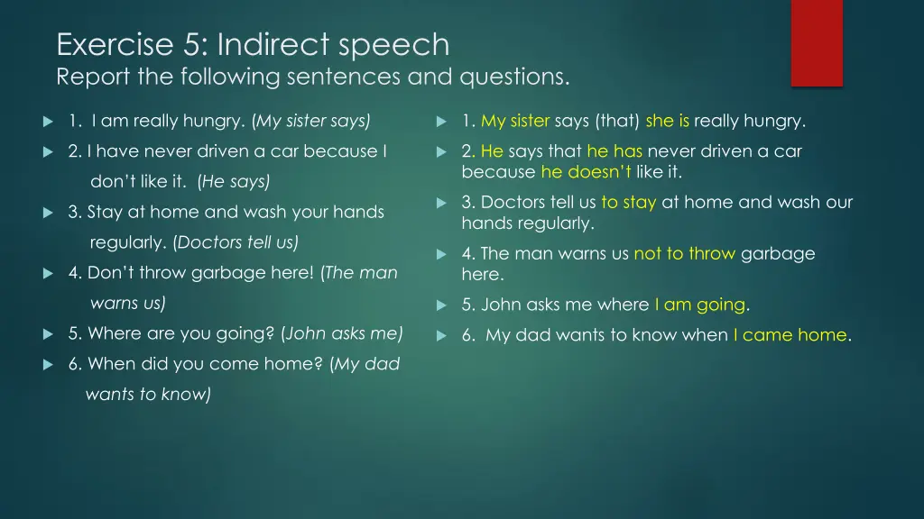 exercise 5 indirect speech report the following