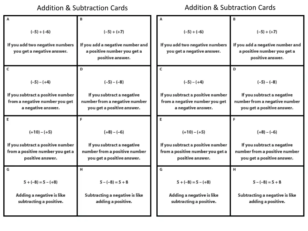 addition subtraction cards