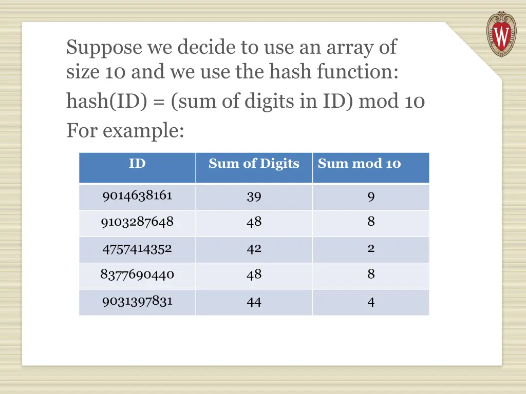 suppose we decide to use an array of size