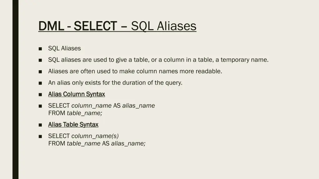 dml dml select select sql aliases