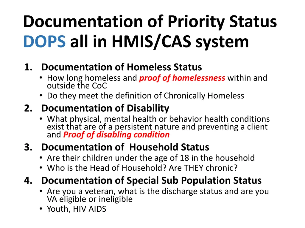 documentation of priority status dops all in hmis