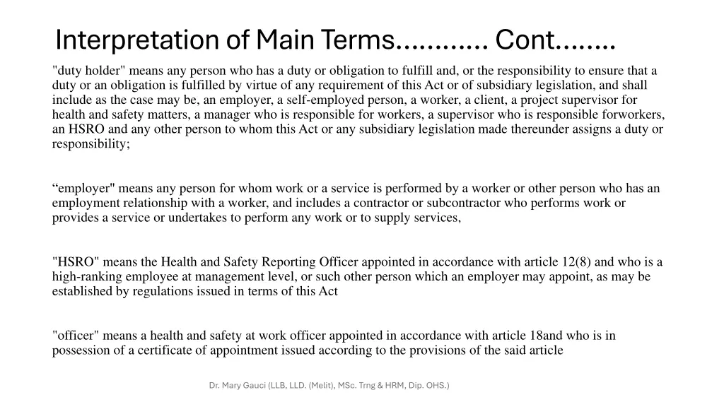 interpretation of main terms cont duty holder