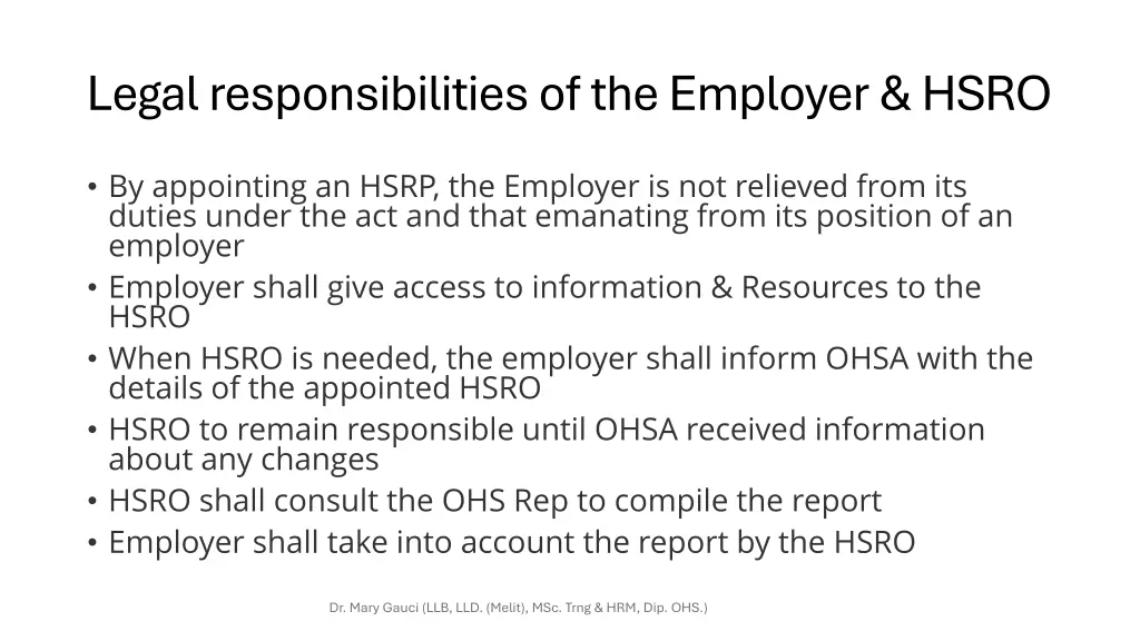 legal responsibilities of the employer hsro
