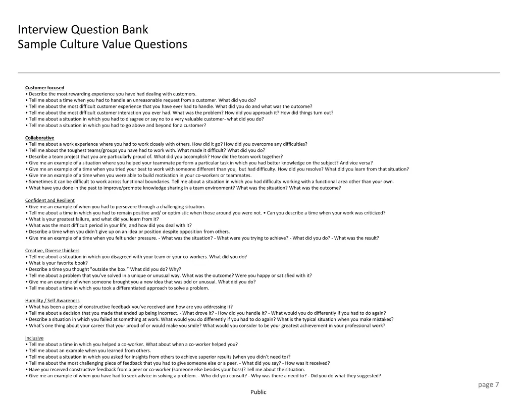 interview question bank sample culture value