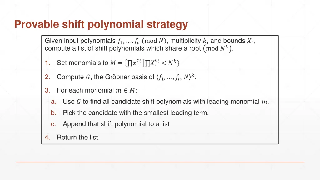 provable shift polynomial strategy