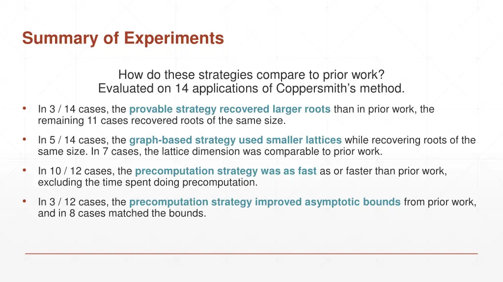 summary of experiments