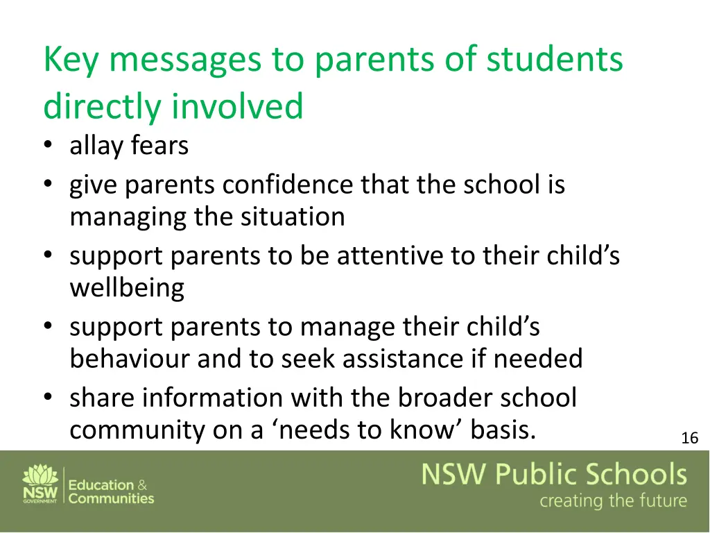 key messages to parents of students directly