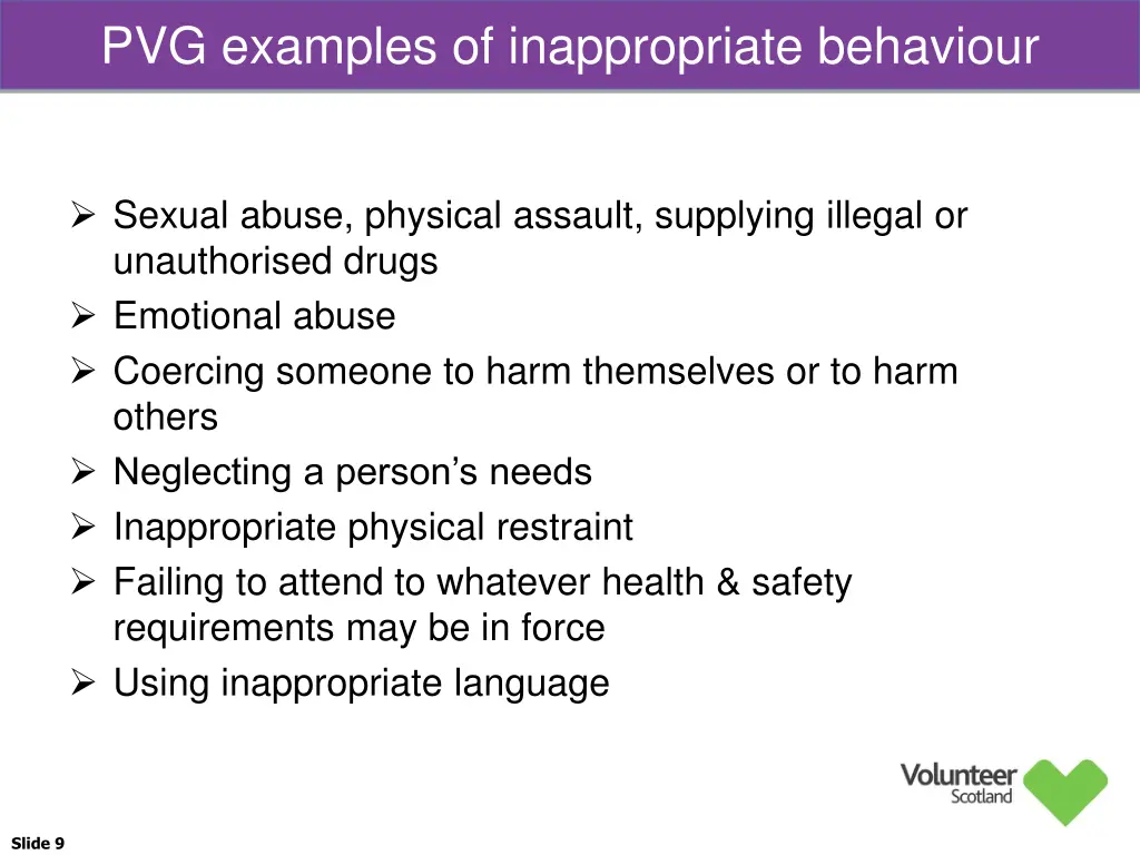 pvg examples of inappropriate behaviour