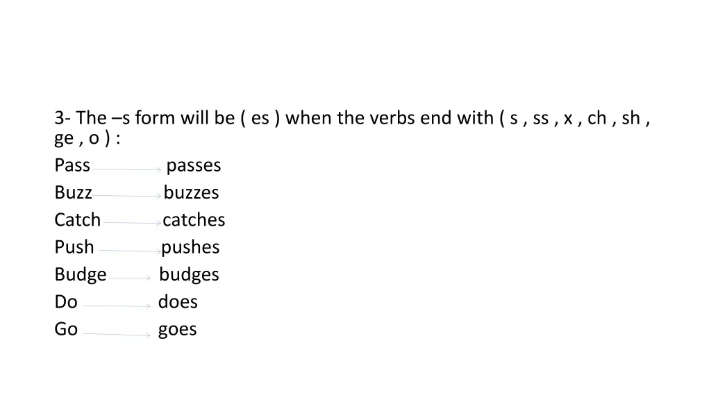 3 the s form will be es when the verbs end with