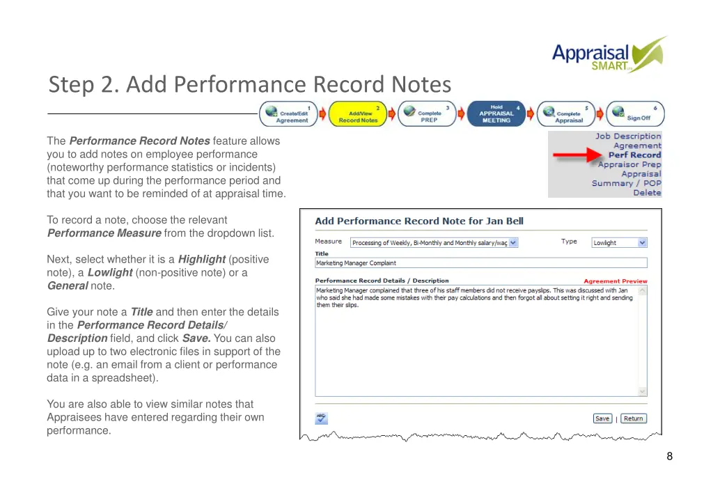 step 2 add performance record notes