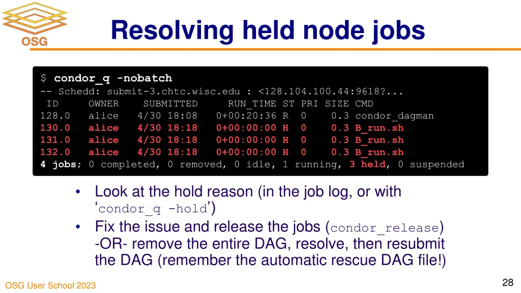 resolving held node jobs