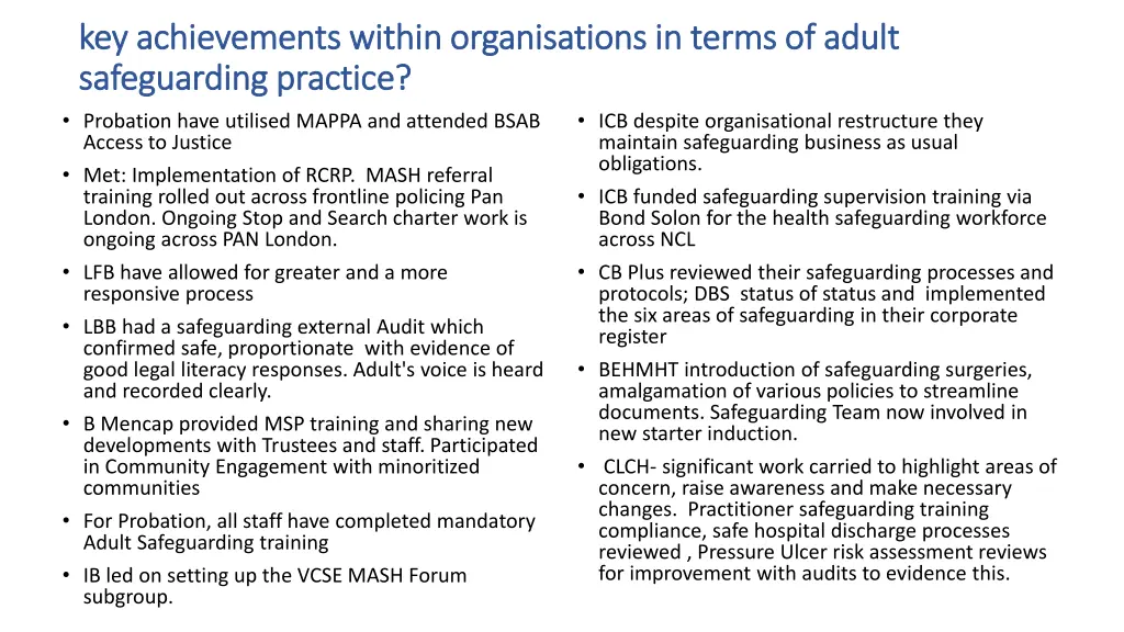 key achievements within organisations in terms