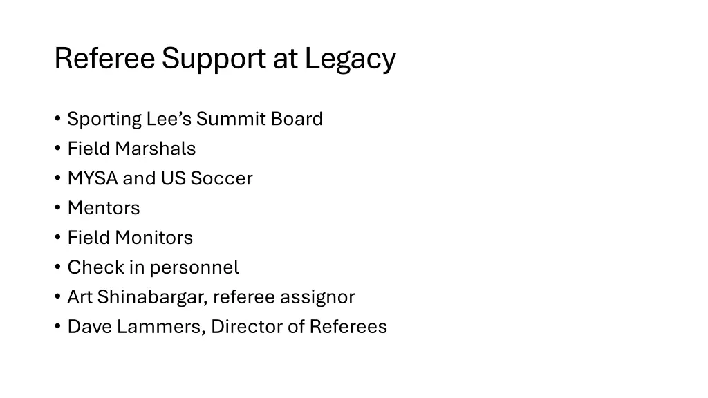referee support at legacy