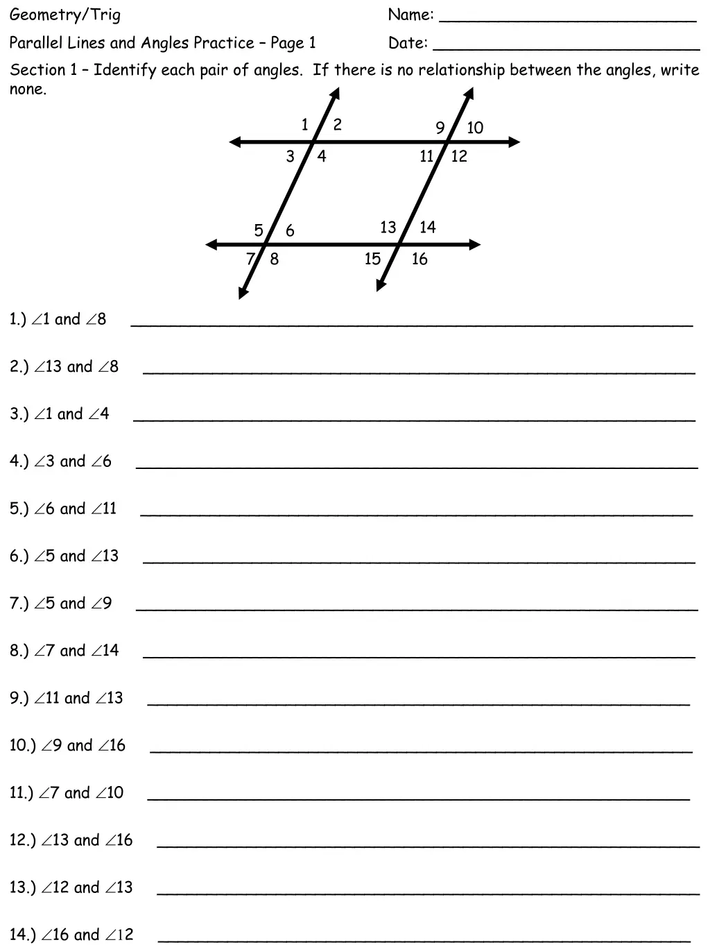 geometry trig parallel lines and angles practice
