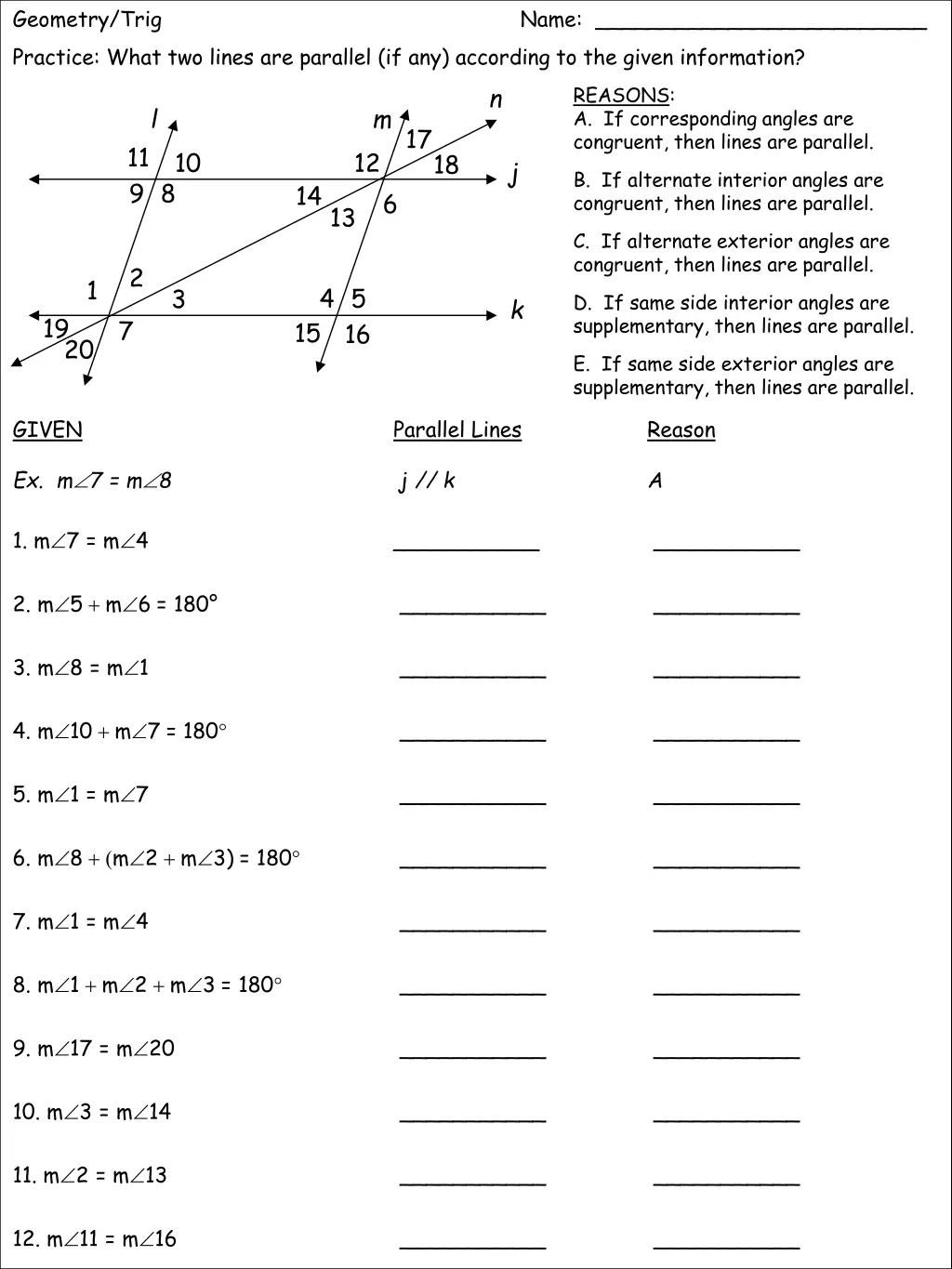 geometry trig practice what two lines