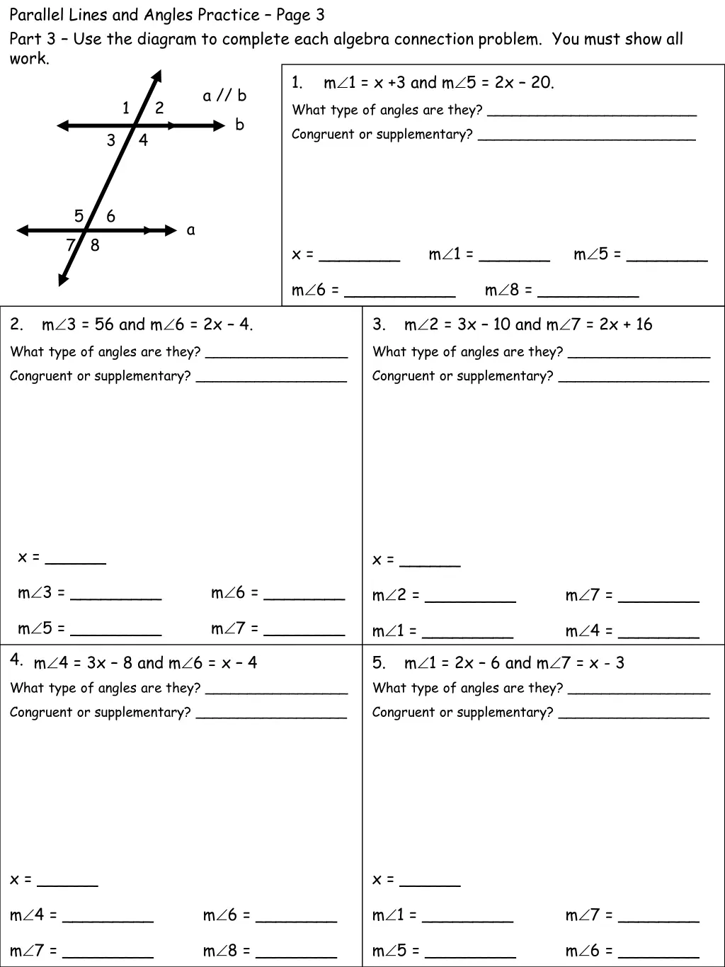 parallel lines and angles practice page 3 part
