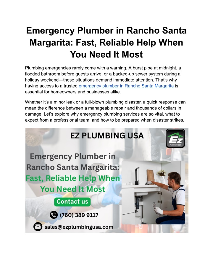 emergency plumber in rancho santa margarita fast