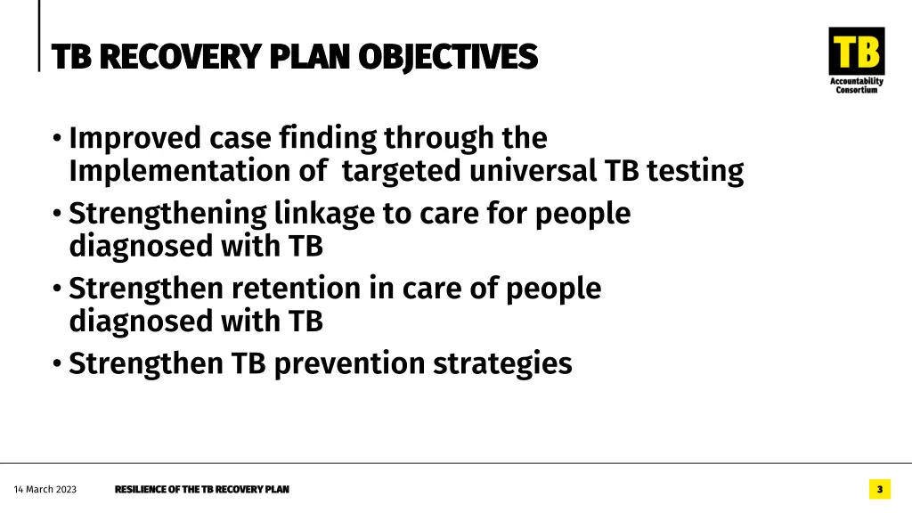 tb recovery plan objectives tb recovery plan