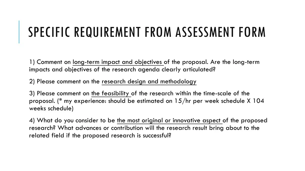 specific requirement from assessment form