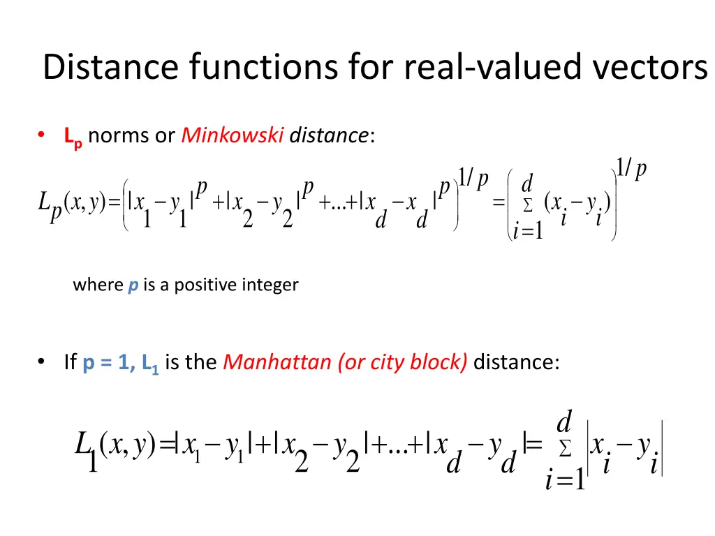 distance functions for real valued vectors
