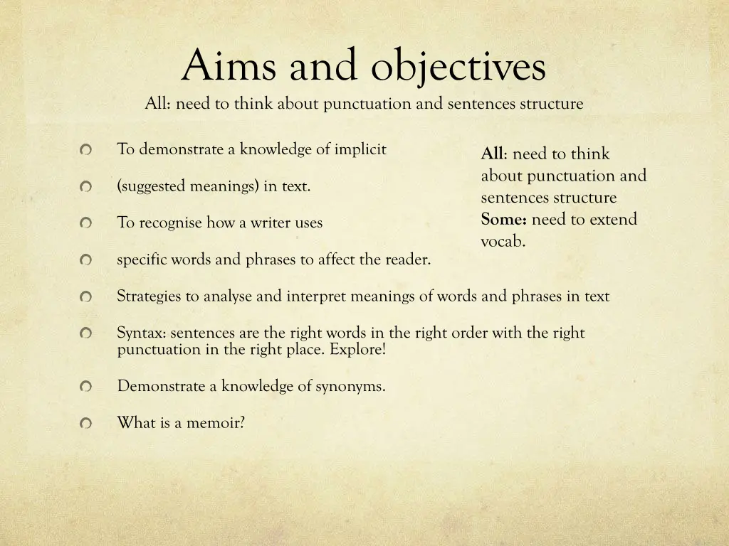 aims and objectives all need to think about