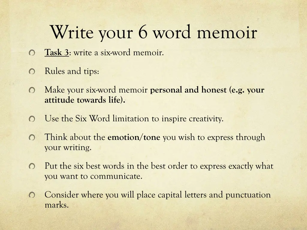 write your 6 word memoir task 3 write a six word