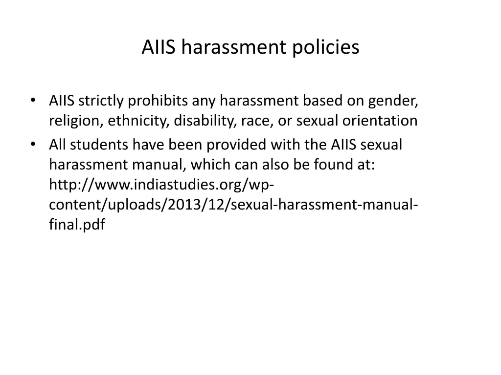 aiis harassment policies