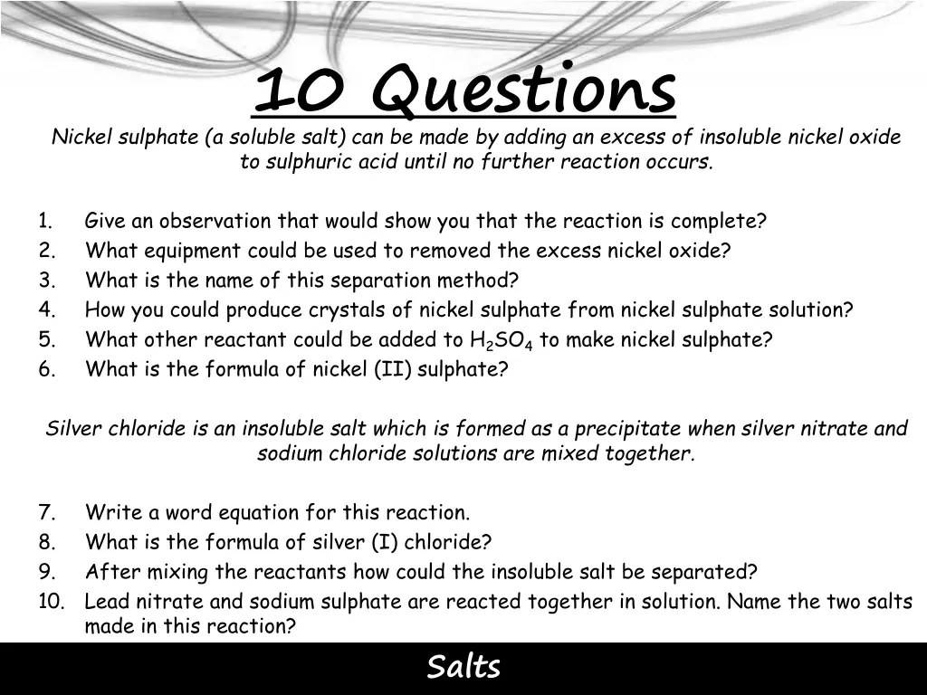 10 questions nickel sulphate a soluble salt