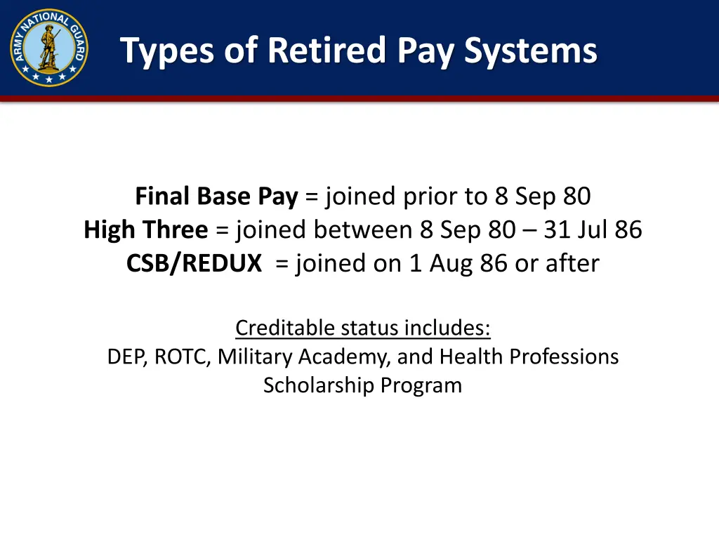 types of retired pay systems