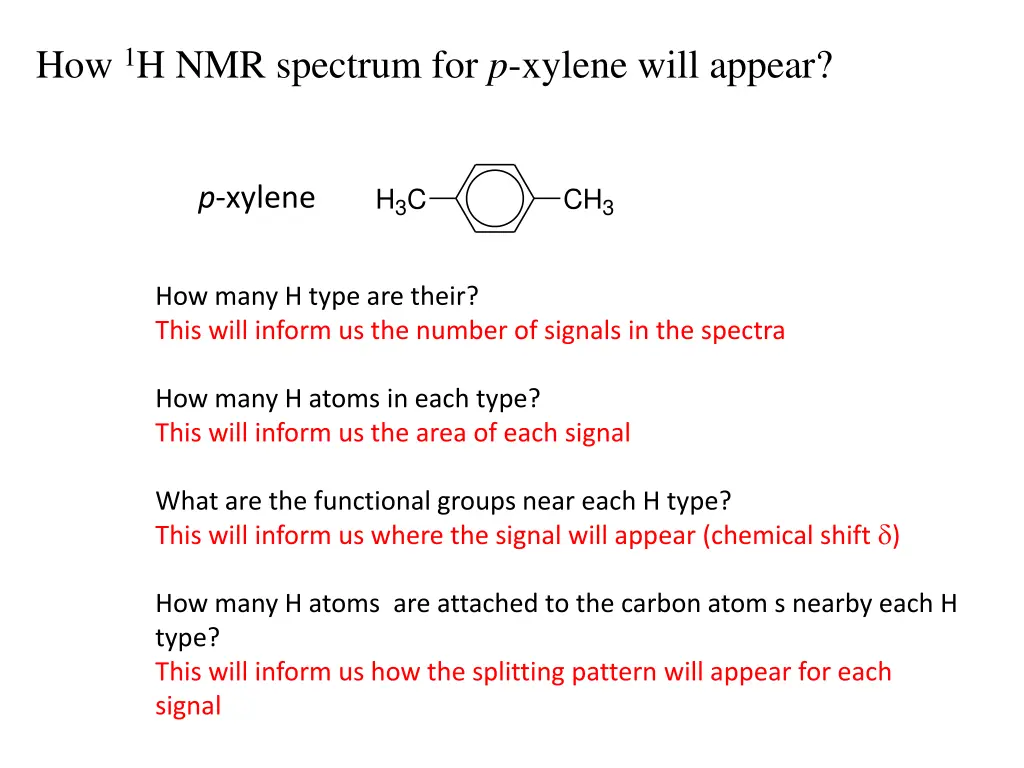 how 1 h nmr spectrum for p xylene will appear
