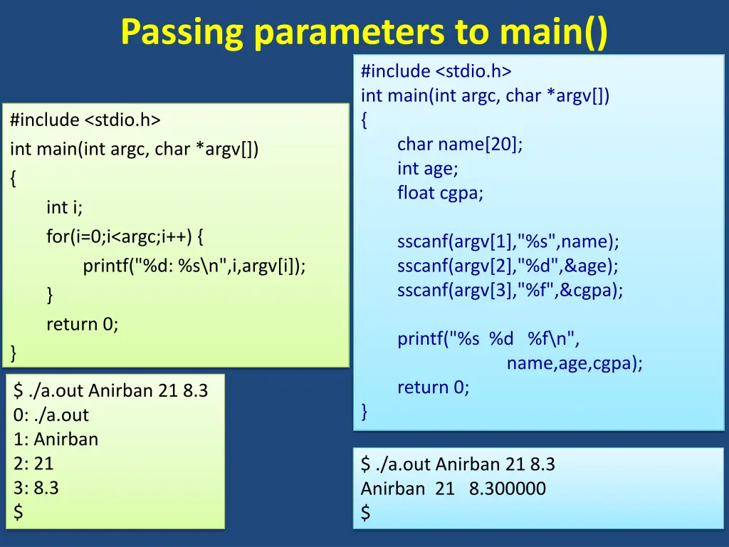 passing parameters to main include stdio