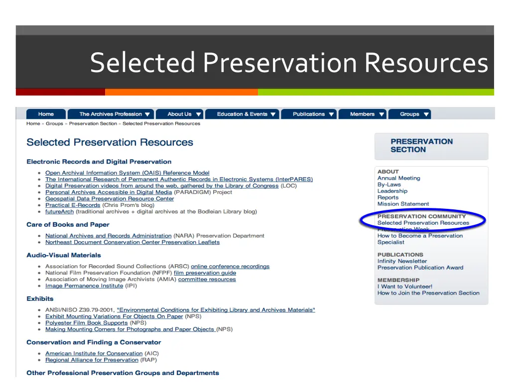 selected preservation resources