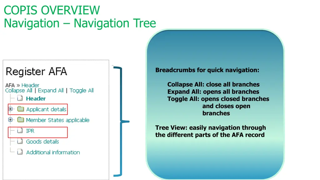 copis overview navigation navigation tree