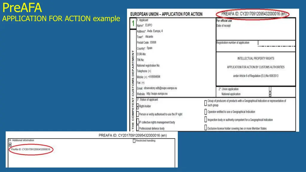 preafa application for action example
