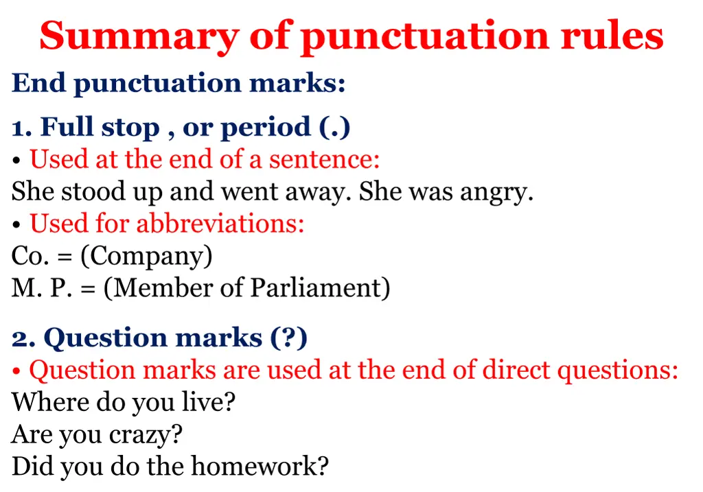 summary of punctuation rules end punctuation marks