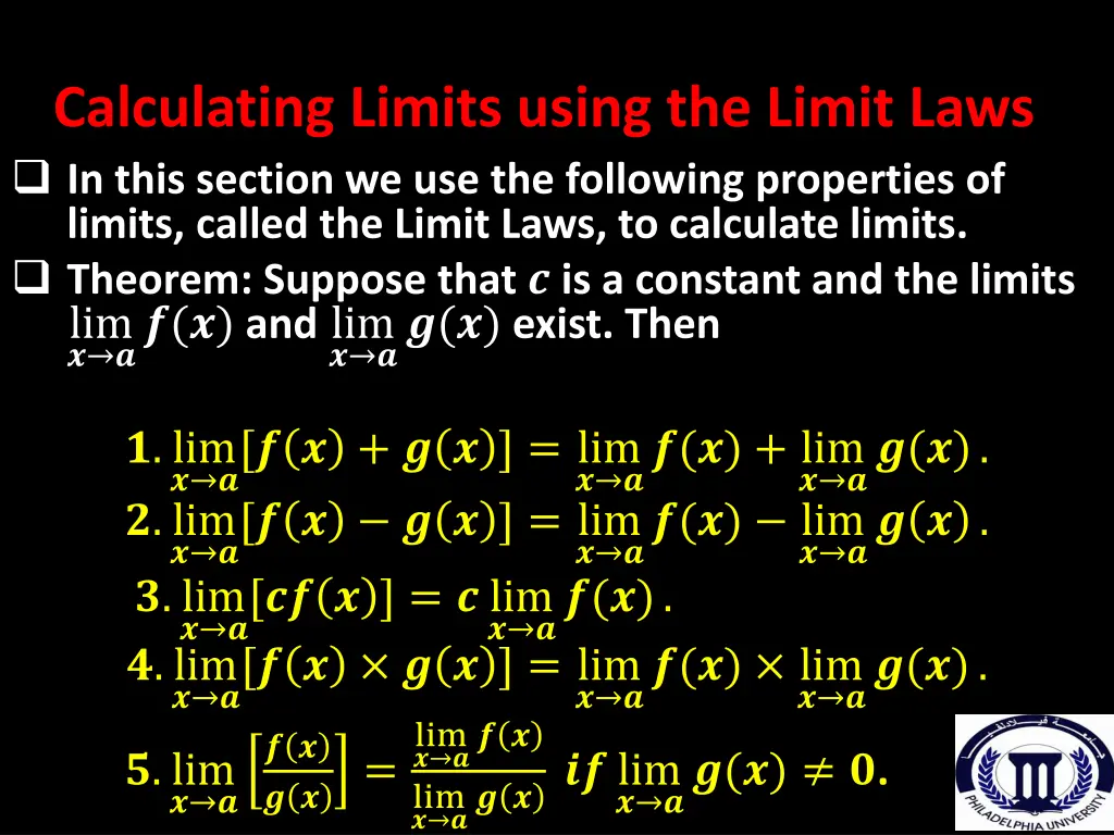 calculating limits using the limit laws in this