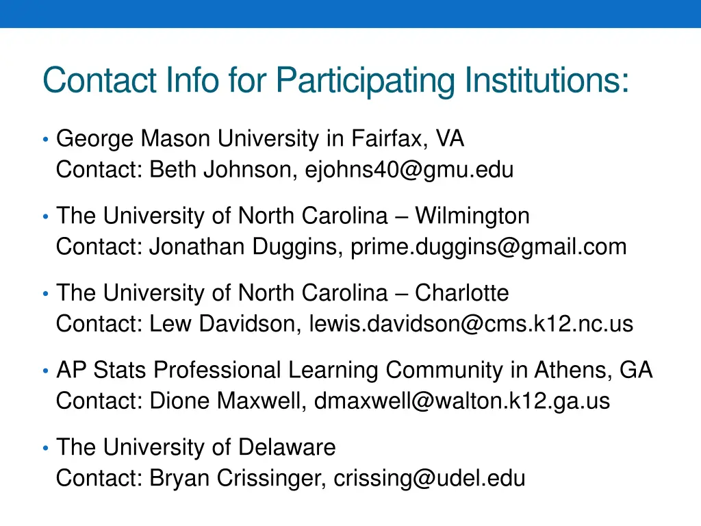 contact info for participating institutions