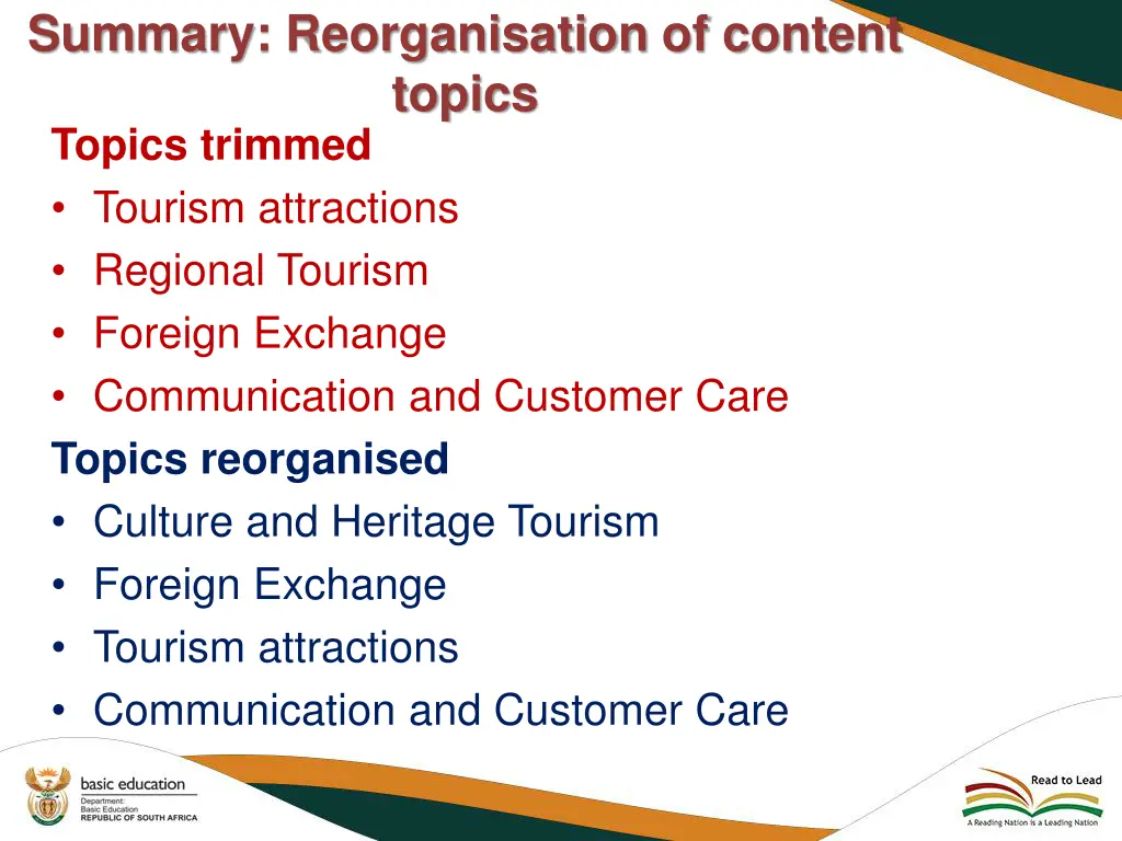summary reorganisation of content topics topics
