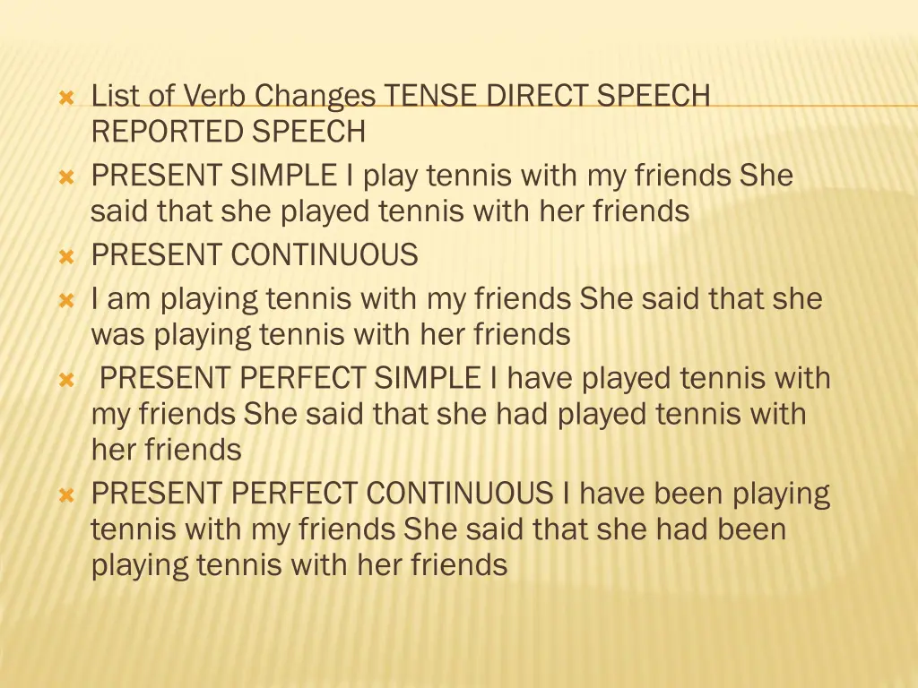 list of verb changes tense direct speech reported