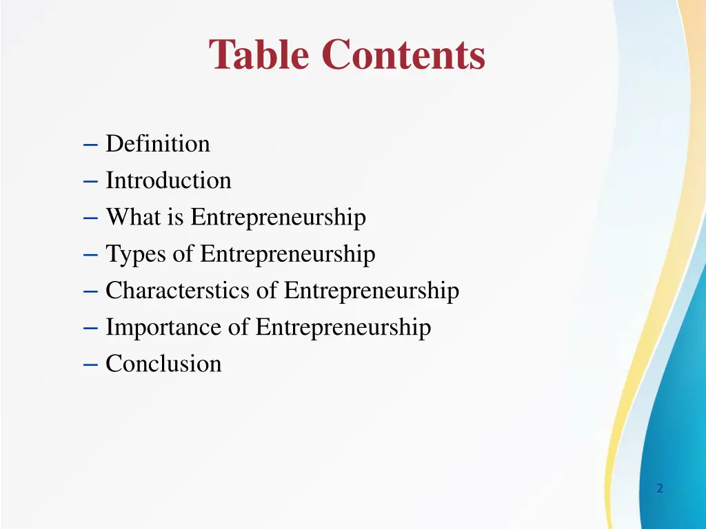 table contents